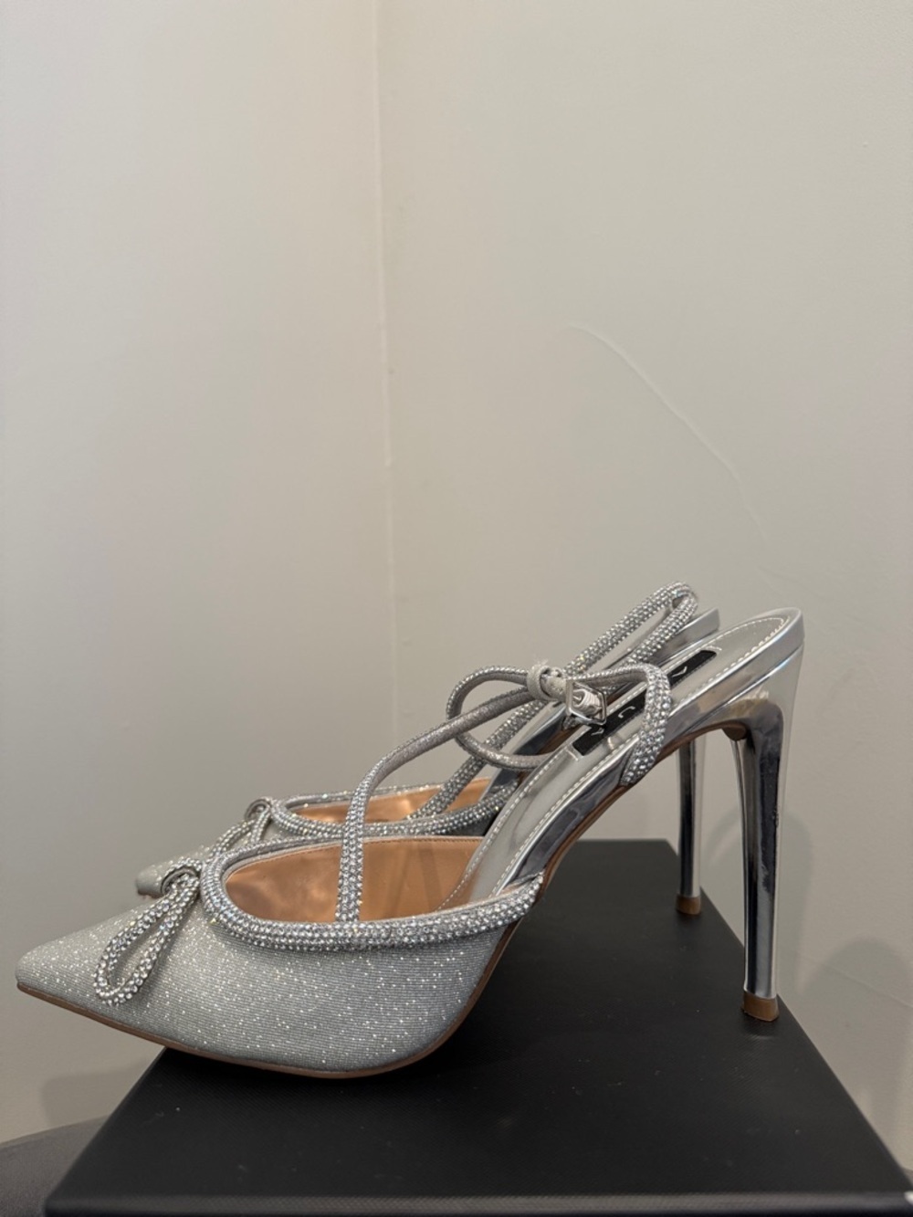 Aqua Silver Crystal Bow Pointed-Toe Ankle-Strap Stiletto Pump - Picture 6 of 9